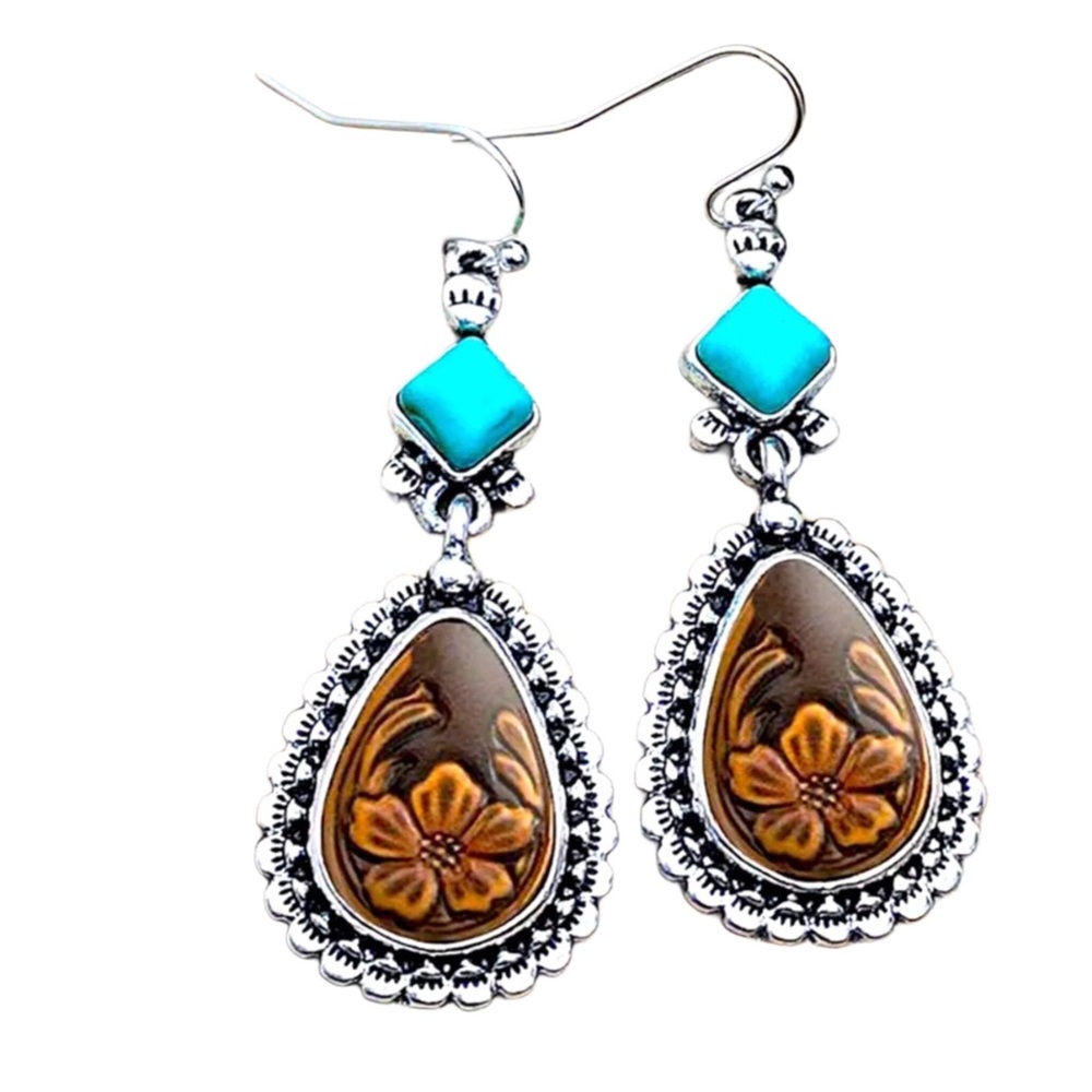 Boho Turquoise Inlay Floral Dangle Earrings